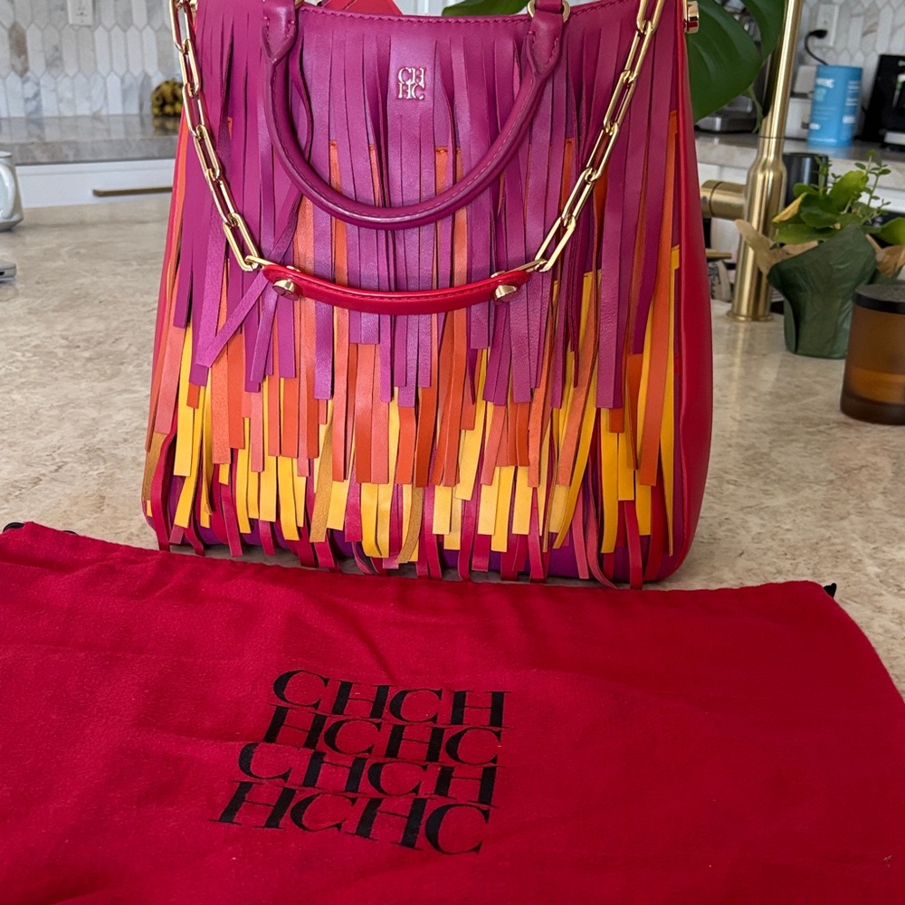 Carolina Herrera Pink and Orange Fringe Tote